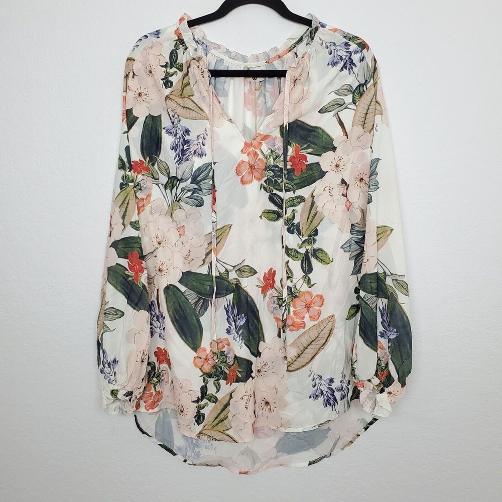 Show Me Your Mumu Top Women Medium NWT White Floral Charlene Tie Neck Tunic